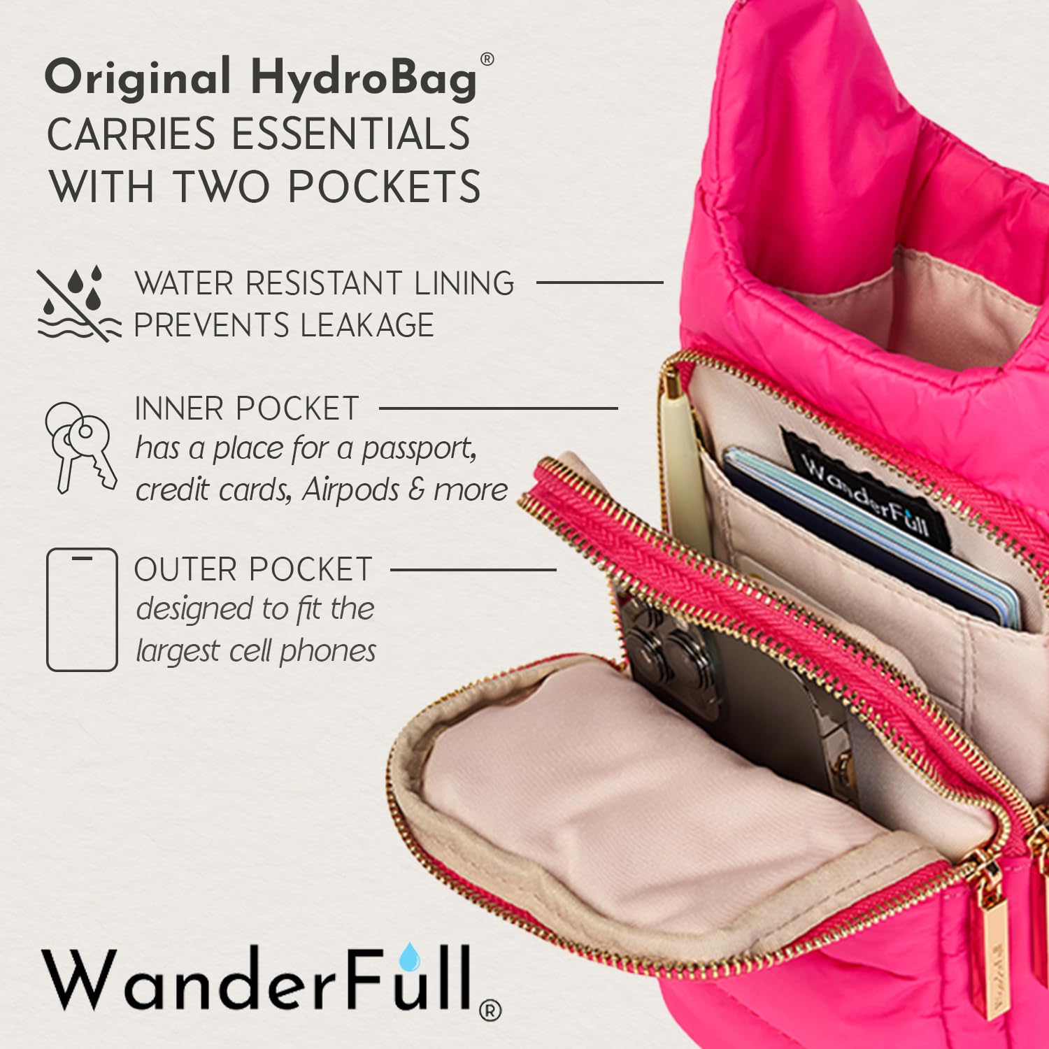WanderFull Original HydroBag Reißverschlussschlitz für Griff, 1,2 l Wasserflaschenhalter mit Gurt, Crossbody-Wasserflaschen-Tragetasche mit Handytasche, Trinkglas-Zubehör, rosa und cremefarbener Gurt