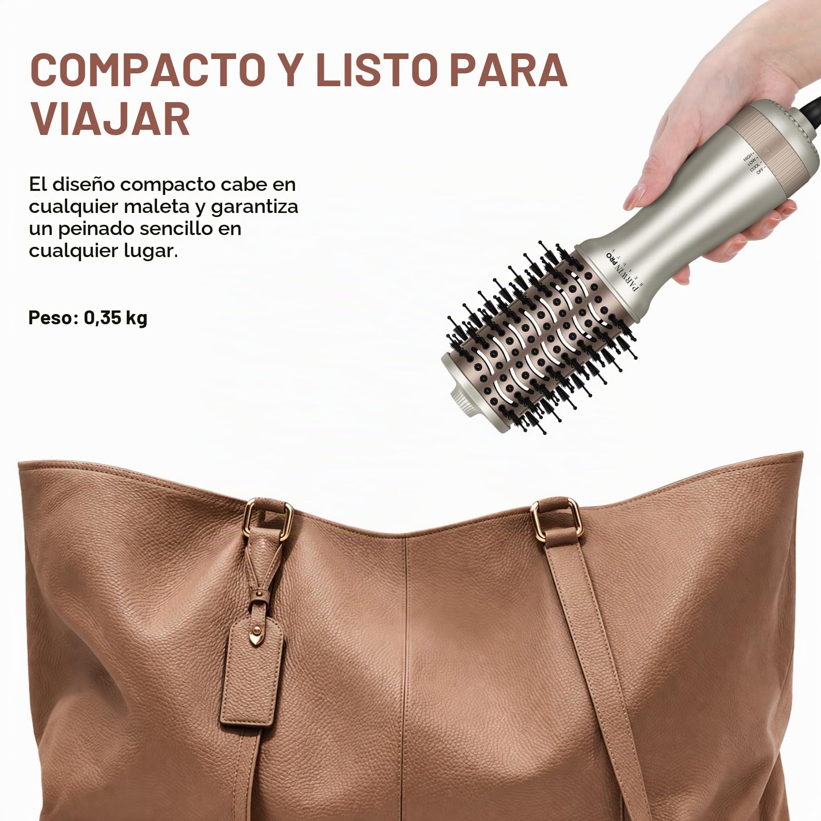 Mini cepillo de aire caliente de viaje, PARWIN PRO BEAUTY cepillo ovalado con doble voltaje automático 110–240 V, sin cambio manual, tecnología iónica, 3 temperaturas, enchufe UE y adaptador US