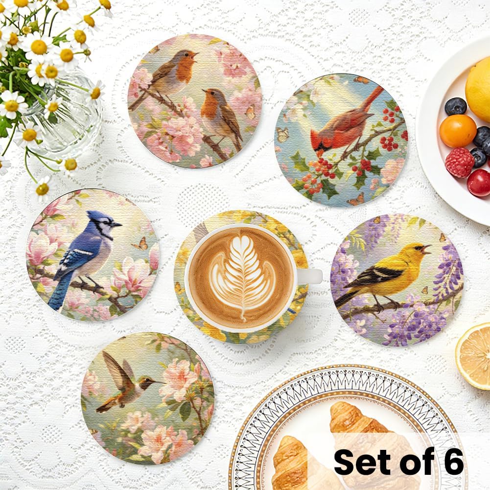 ANATTASOUL Birds Flower Branches Rubber Coasters Set of 6 for Drinks(3.93") image 3