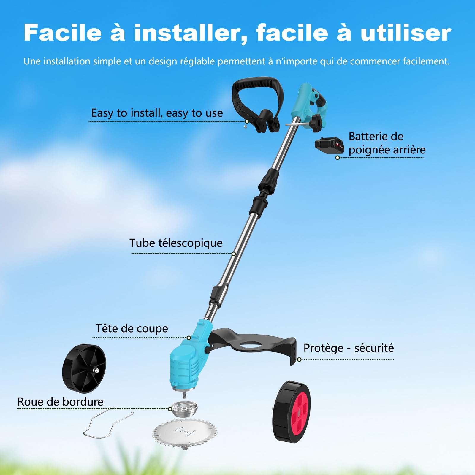 Débroussailleuse Électrique sans Fil, 21V Coupe Bordure sans Fil avec Batterie, Équipé de 2 Batteries 2.0Ah, 4 Lames Efficaces et Poignée Réglable, pour la Maison, la Cour, Le Jardin