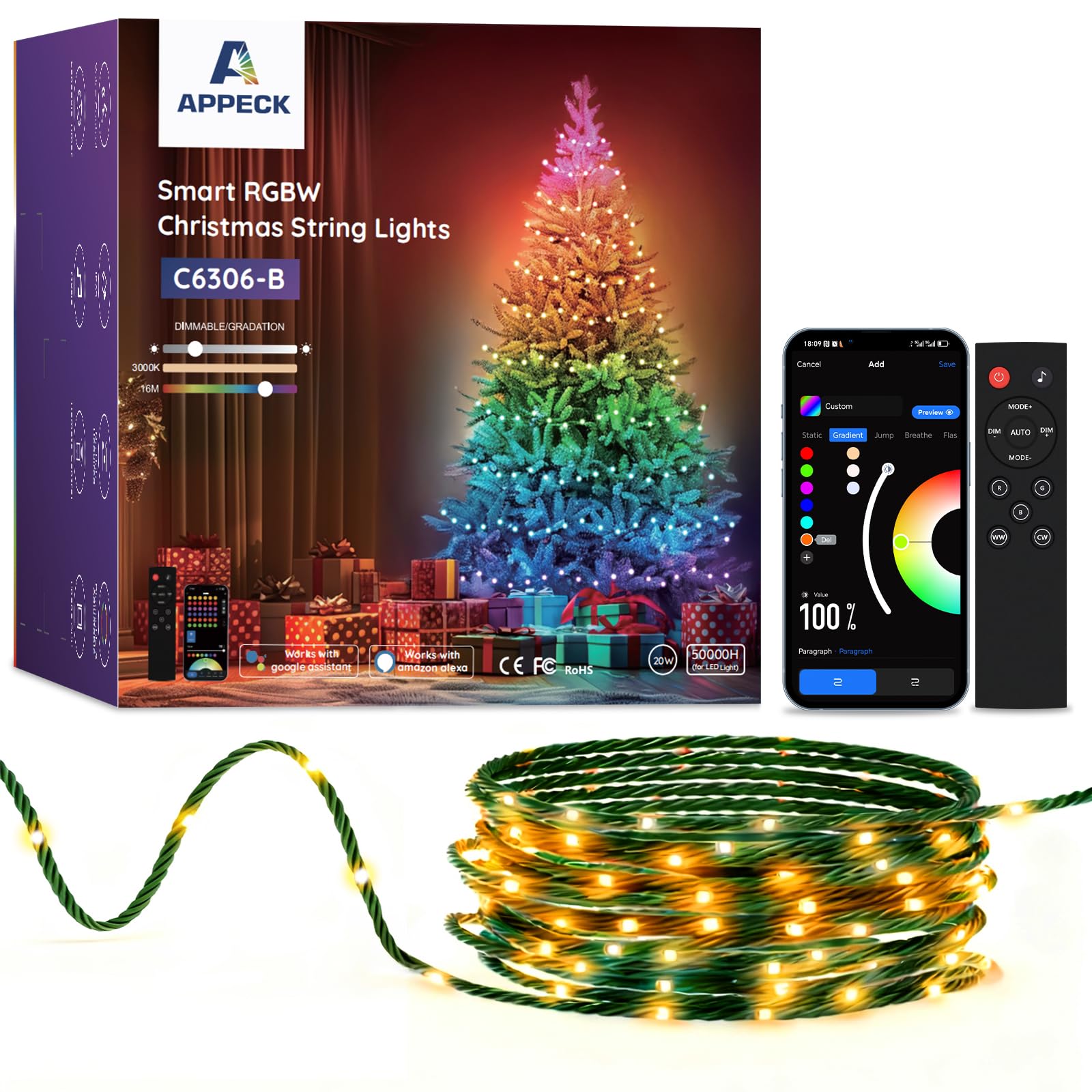 APPECK Cadena de luces de Navidad, 66 pies, 200 luces LED para exteriores, 111 modos de escena, luces inteligentes RGBW que cambian de color con aplicación controlada, cadena de luces de decoración
