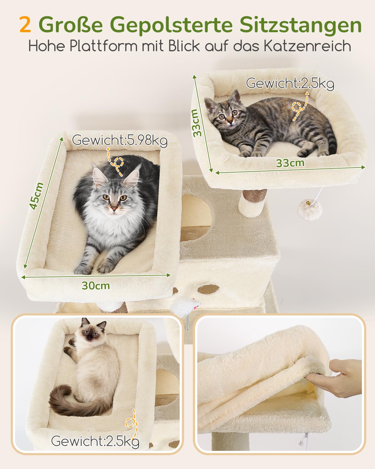 Globlazer S80B Kratzbaum Beige XXL 204 cm für 3-5 Große Katzen Katzenbaum | Mehrstöckiger, 2 Große Katzenhaus, 2 Plattform, Hängematte, Korb, für Schwere Katzen Innen, Einfach Montieren, Robust Sicher