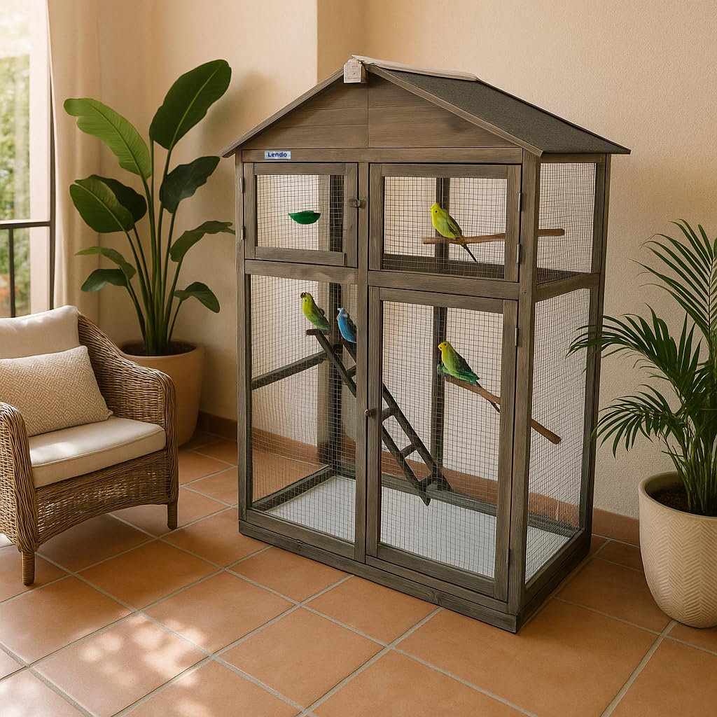 Volière Extérieure en Bois Traité pour Oiseaux – Cage à Oiseaux avec Toit Bitumé, Mangeoire, Perchoirs et Tiroir Amovible – Volière pour Perruches, Canaris –115x58x164 cm (Gris)
