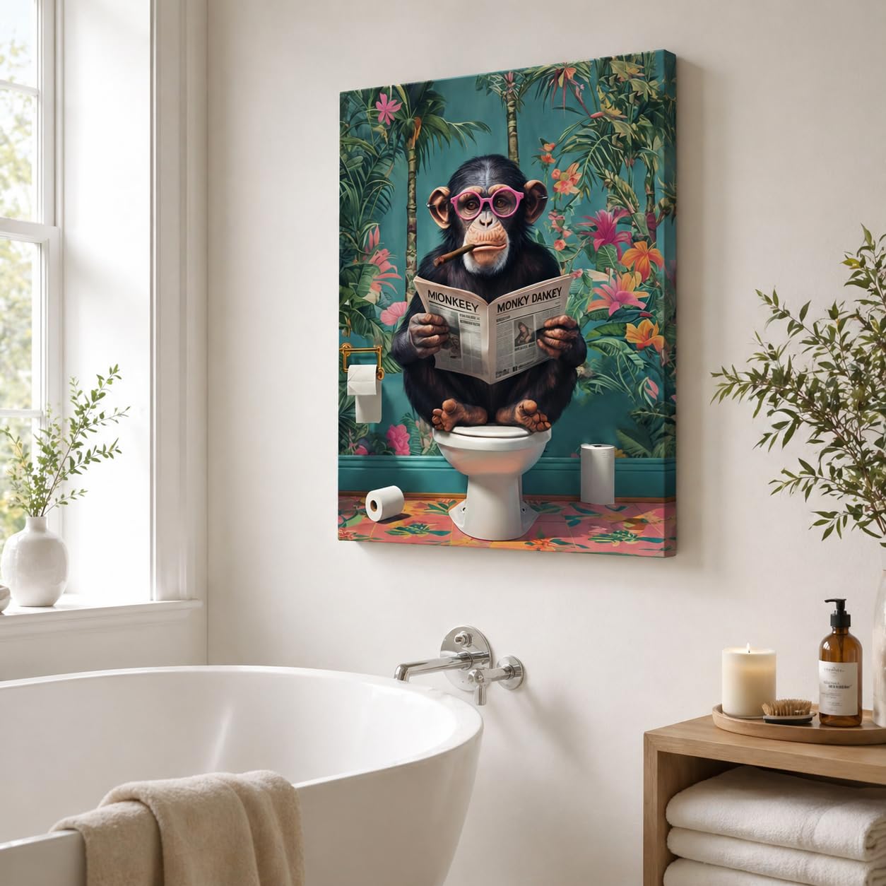 Qiukoo Funny Monkey Bathroom Wall Art – Waterproof Framed Canvas with Hanging Hooks, Toilet Wall Picture of Monkey Reading Newspaper, Humorous Bathroom or Toilet Decoration, 12 x 16 Inches — view 3