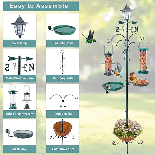 Miniatura 5 de Yinns Comedero para pájaros con poste al aire libre, gancho de pastor para comedero de pájaros, alimentador múltiple colgante con lámpara solar,