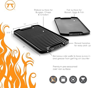 Outset Cast Iron Grill Griddle, Reversible Stovetop and Grill Griddle, 18 x 10