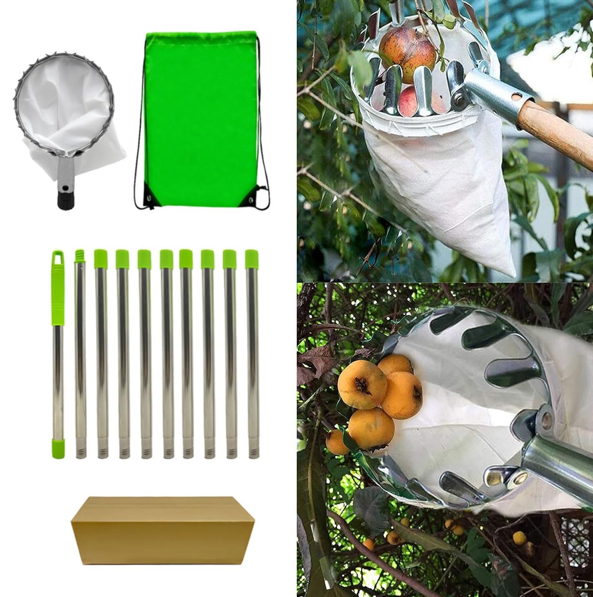 QWQJ Extendable Fruit Picking Tool with Stainless Steel Rod and Storage Bag Professional Fruit Catcher for Home Gardeners