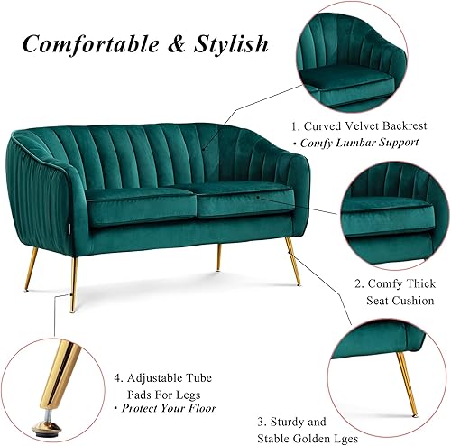 Miniatura 4 de Artechworks Sofá de dos plazas de terciopelo contemporáneo con patas de metal dorado, sofá de dos plazas para sala de lectura, dormitorio,