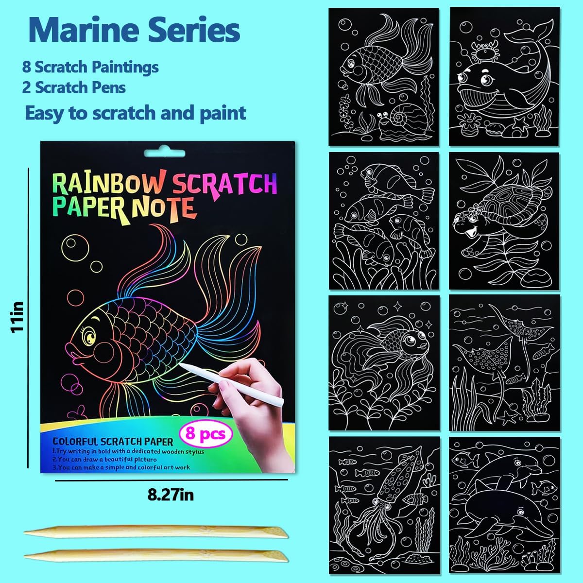 JUNQIU Scratch Art for Kids, Rainbow Scratch Paper Art Set - Ocean, Arts and Crafts for Girls Boys Ages 4-8, Kid Activity & Christmas Crafts, Stocking Stuffers for Kids - Image 5