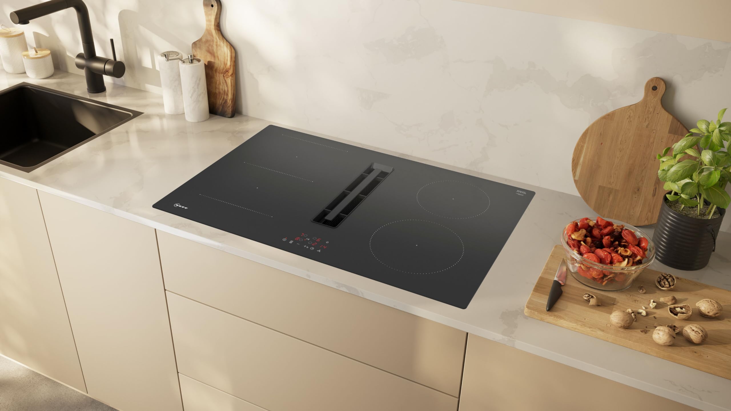 NEFF V58NBS1L0 N 50 - Placa de inducción con extractor integrado de 80 cm, extremadamente silencioso, sin marco, control táctil, inducción Combi, filtro de grasa fácil de limpiar, nivel de potencia