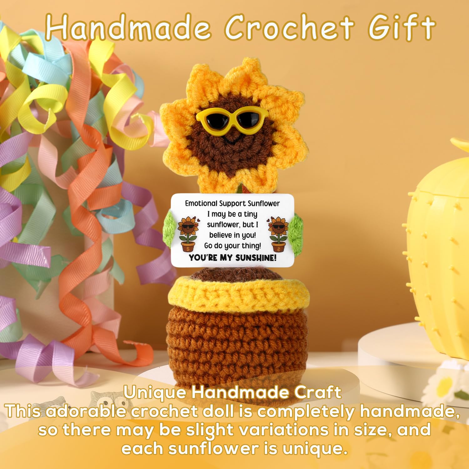 Positive Knitted Sunflower, Handmade Positive Doll Crochet Cute Crochet Sunflower Toy with Sunglasses & Card - Image 4