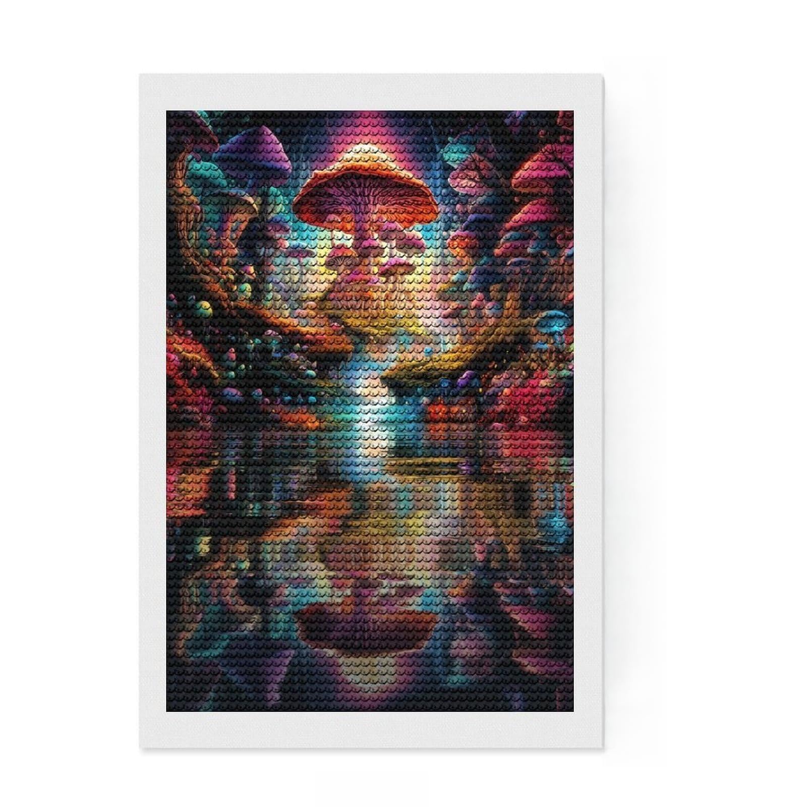 Junmoney Mushroom Forest Reflection Diamond Painting Canvas Set 8"x12", Relaxing DIY Hobby, Living Room Decor, for Teens, Holiday Gift Idea