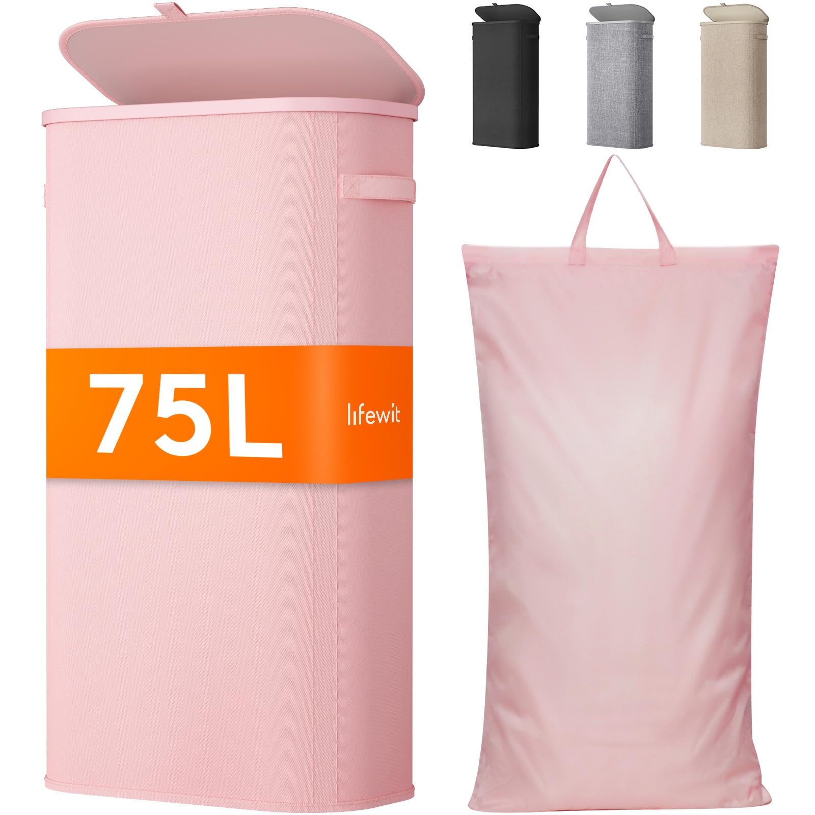 Lifewit 85L Laundry Basket with Lid, Large Laundry Hamper with Plastic Handles and Removable Bag, Foldable Tall Dirty Clothes Hampers for Laundry for Laundry Room, Bedroom, Bathroom, Dorm, Beige — view 9