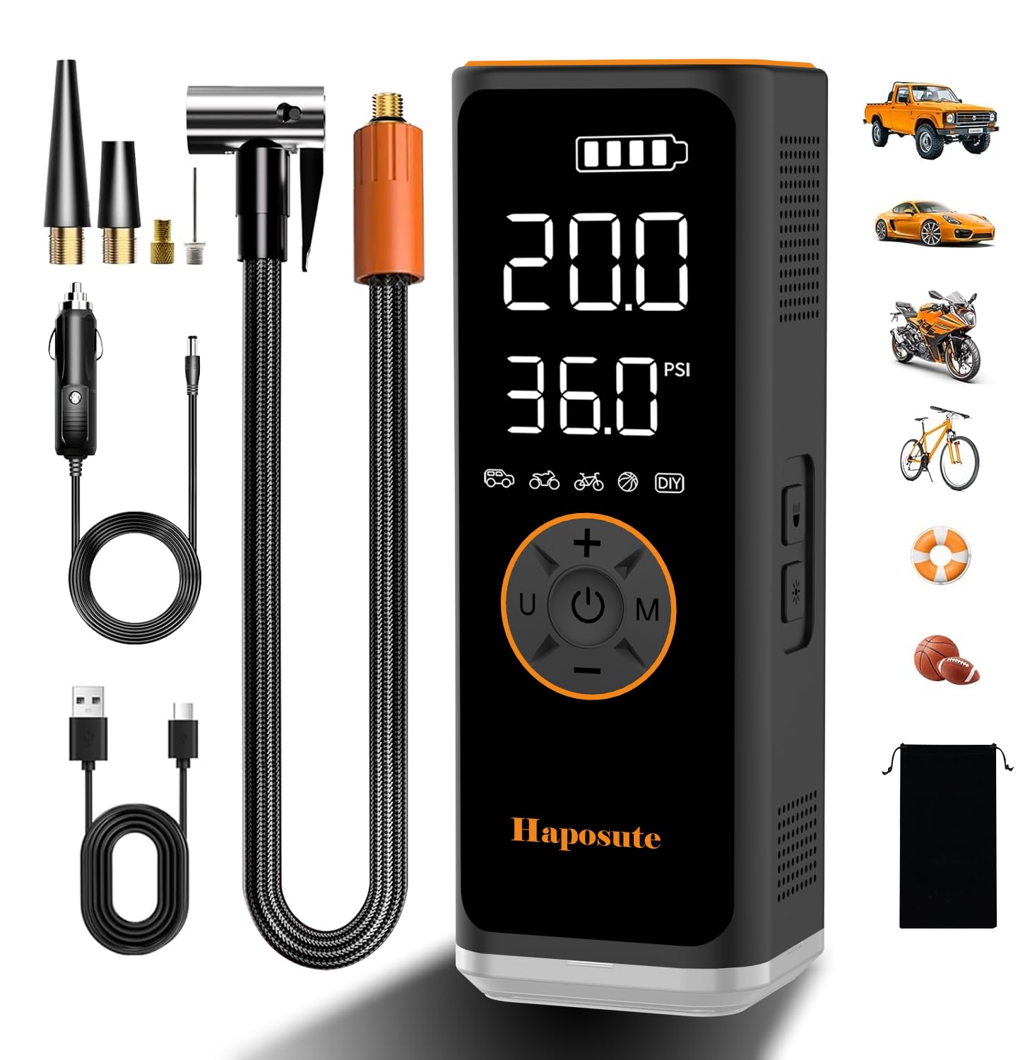 Haposute Tyre Inflator Portable Air Compressor 12V DC, 150PSI Corded/Cordless 6000mAh Long-Lasting Battery Electric Air Pump with Digital Display & Dual LED Light for Car, Motorcycle, Bike, Ball & DIY