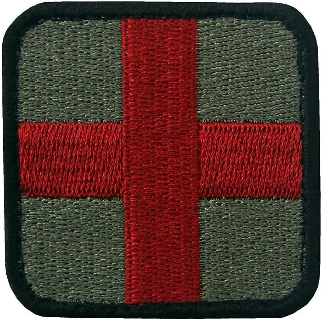 Tactical Patch Medic Cross Embroidered Army Morale Badge ACU Applique Fastener Hook & Loop Emblem - Olive & Red