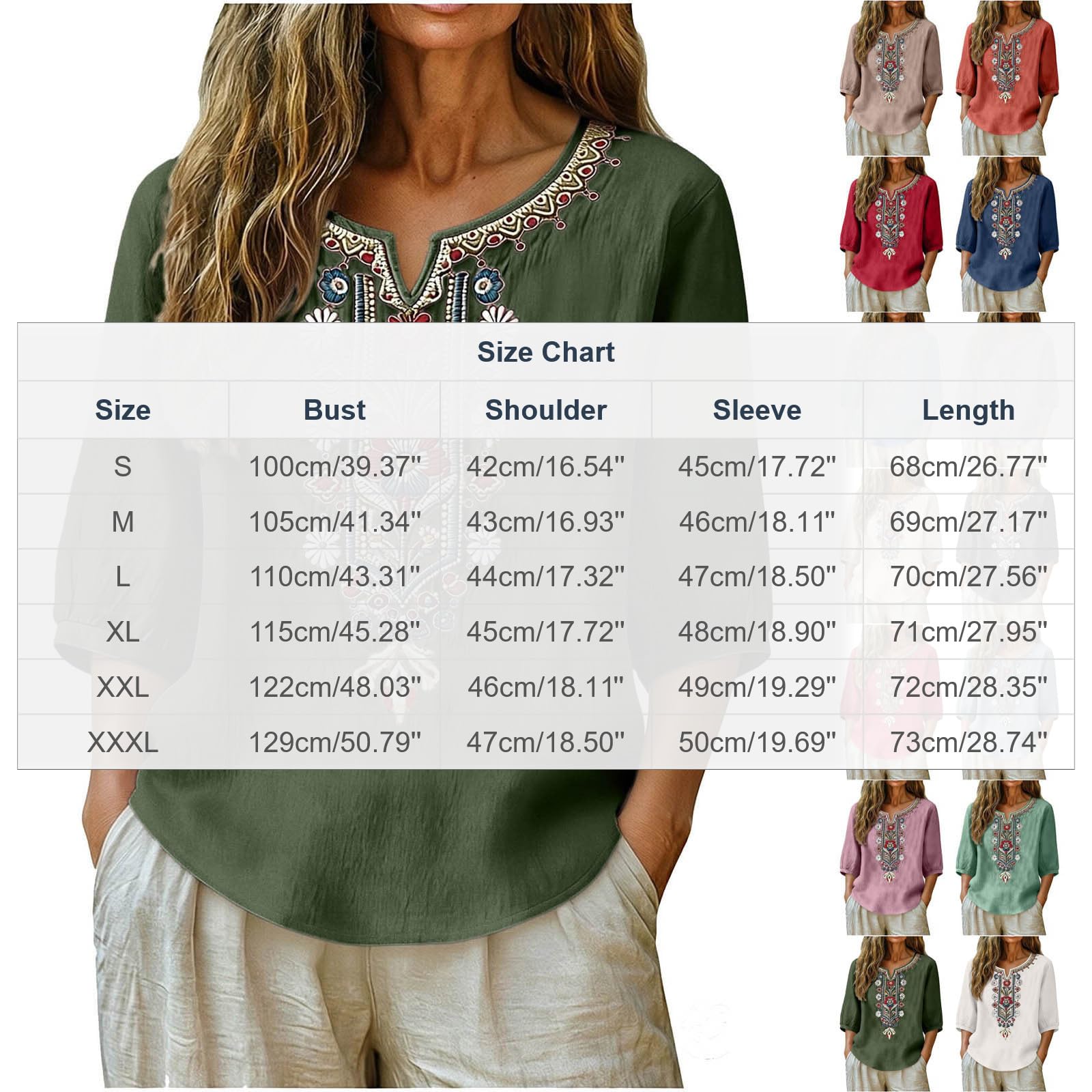 Chemisier Femme Lin Décontractée Été Huats Femme en Coton Et Lin Manches 3/4 Col Round Chemise Brodé Floral Rétro Style Ethnique T-Shirts Léger Et Respirant Tee Shirt Tunique Top Ample