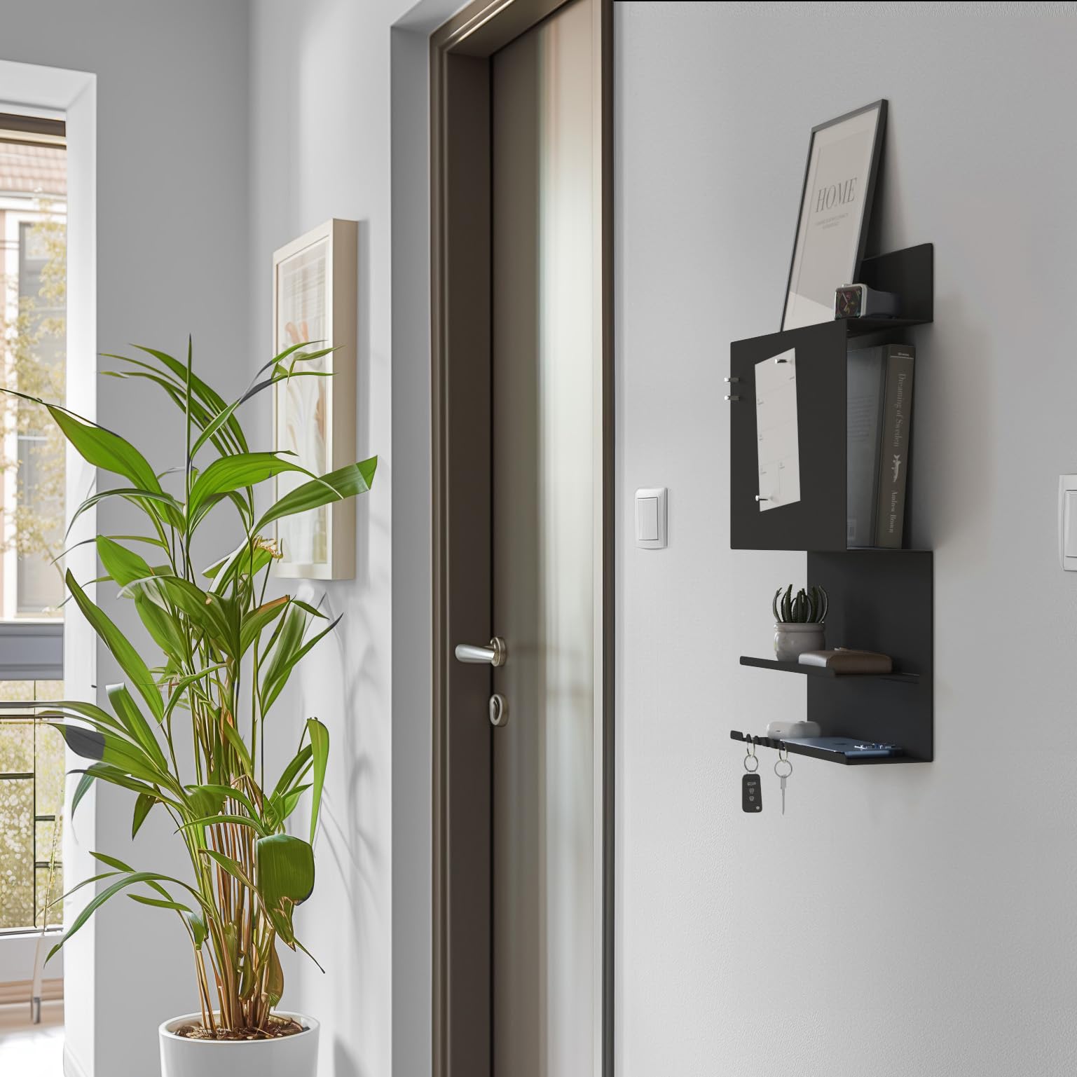 byde Organizer Ścienny Hepe Wykonany z Metalu 30 x 9 x 49 cm Półka Ścienna 3 w 1 z Tablicą Magnetyczną i Magnesami. Organizer na Klucze, Gazetę i Notatki. Montaż na Ścianie z Szablonem Montażowym. Kolor Czarny