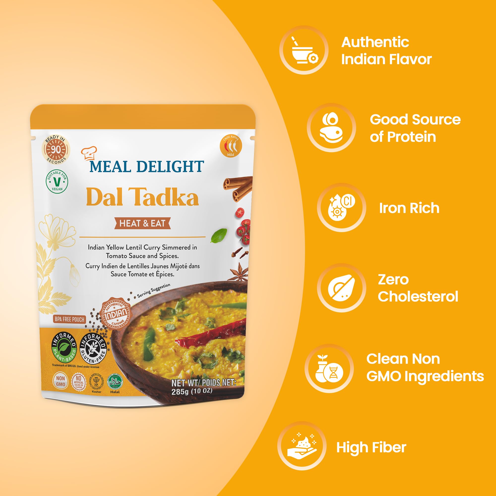 Meal Delight Jaipur Tempered Lentils, Indian Ready to Eat Lentil Curry, 12g Protein & 12g Fiber per Pouch, Plant-Based Gluten-Free, No Preservatives, Halal & Kosher Certified, Ready in 1.5 Minutes, Shelf-Stable Pouch, 10 oz Pack of 3 - 5