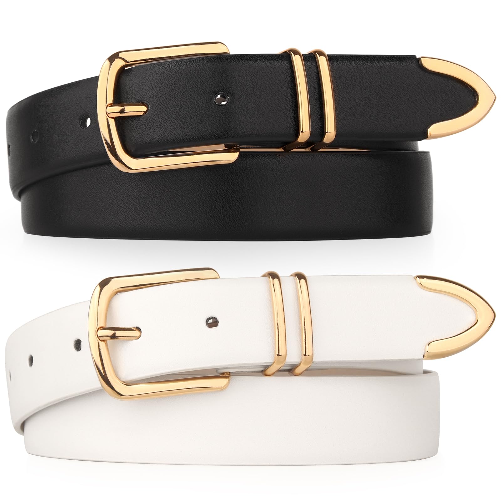 Monoluxe Pack 2 Women Belts for Ladies Jeans Pants with Fashion Faux Leather Gold Buckle