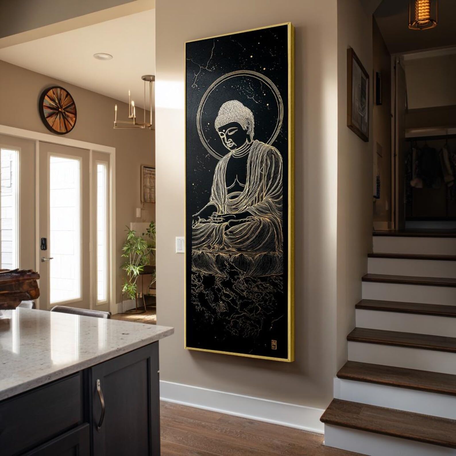 YUSUZHU Lienzo con pintura de Buda, decoración zen vertical para estudio de yoga, arte budista de gran tamaño, lámina espiritual alta y estrecha, Señor Buda (60x180cm/marco interior)