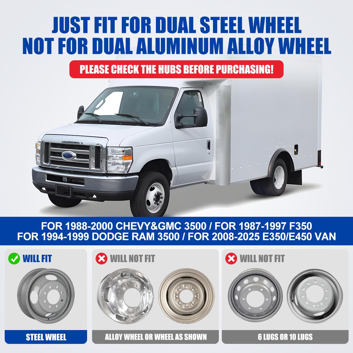 JOHNWELL 16 Size SS304 Bolt on Wheel Simulator Fitting for Ford F350 1974-1995;Ford E350 E450 1992-2021 and for Dodge RAM 3500 1974-1999 Sold by Full