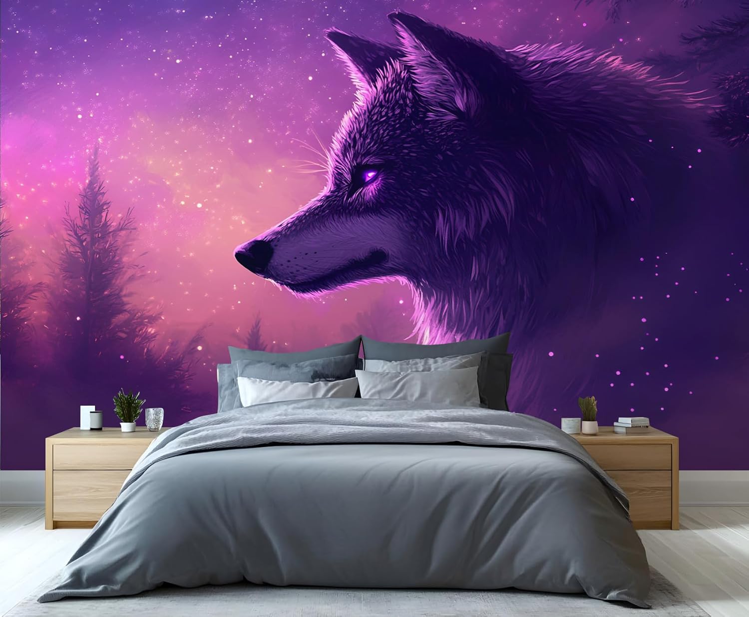Purple Wallpaper, Wolf Wall Mural, Animals Murals Wallpaper for Living Room Hotel Apartment - 103" x 69" (Not Peel and Stick)