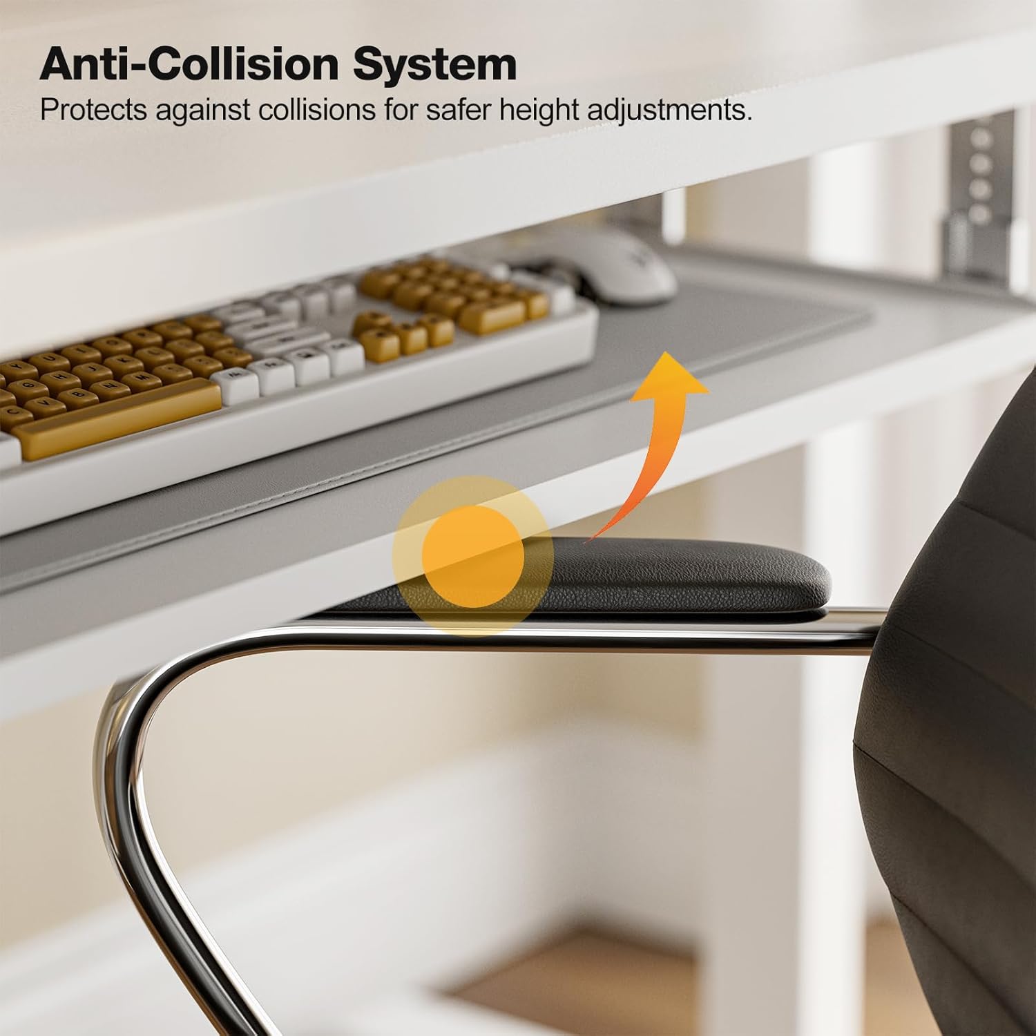 Diagram illustrating the anti-collision system detecting an obstruction (chair arm) and stopping the desk's movement.