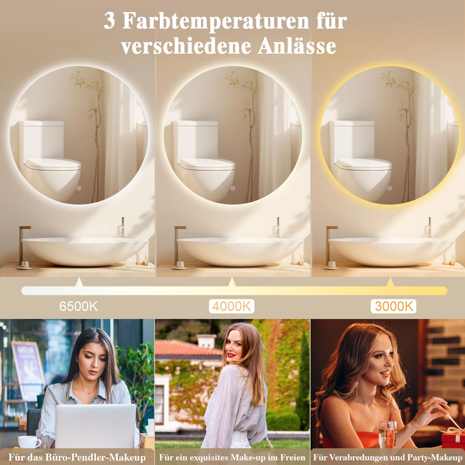 Badspiegel mit Beleuchtung - LED-Badezimmer-Spiegel-Round 50cm,Touch-Schalter,Dimmbar,3 Lichtfarben, Speicherfunktion, Badezimmerspiegel mit HD Sicherheitsgla - Explosionsschutz Wandspiegel