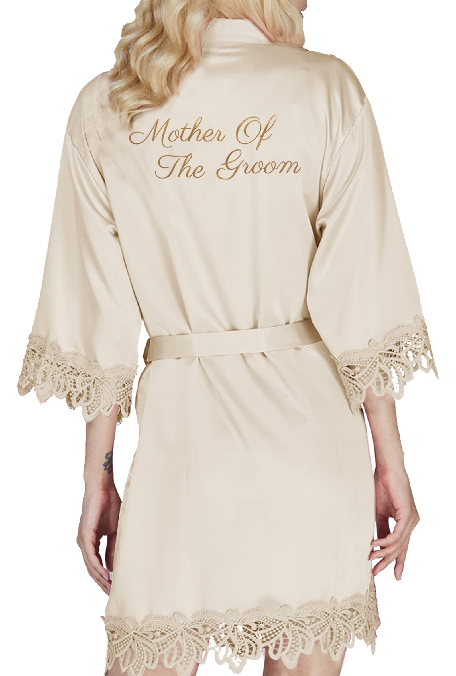 Y Wjing Yi Jia Women's Pale Champagne-G Kimono Robe - Silk Satin Bridesmaid Morning Wedding Party Dressing Gown With Lace Trim And Monograms