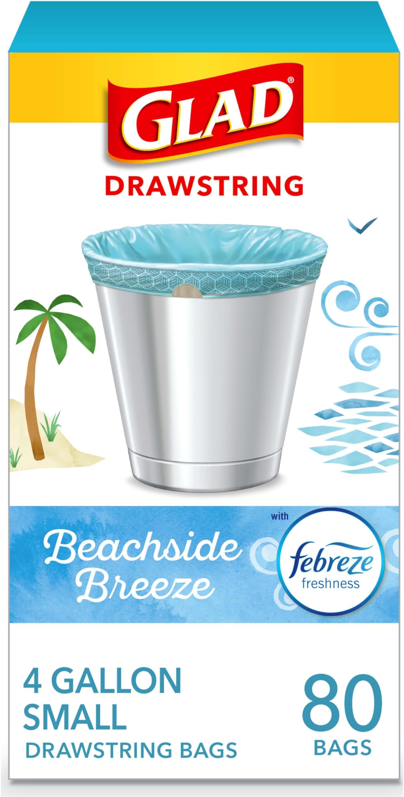 Glad Small Kitchen Drawstring Trash Bags 4 Gallon Blue Trash Bag, Febreze Beachside Breeze, 80 Count (Package May Vary)