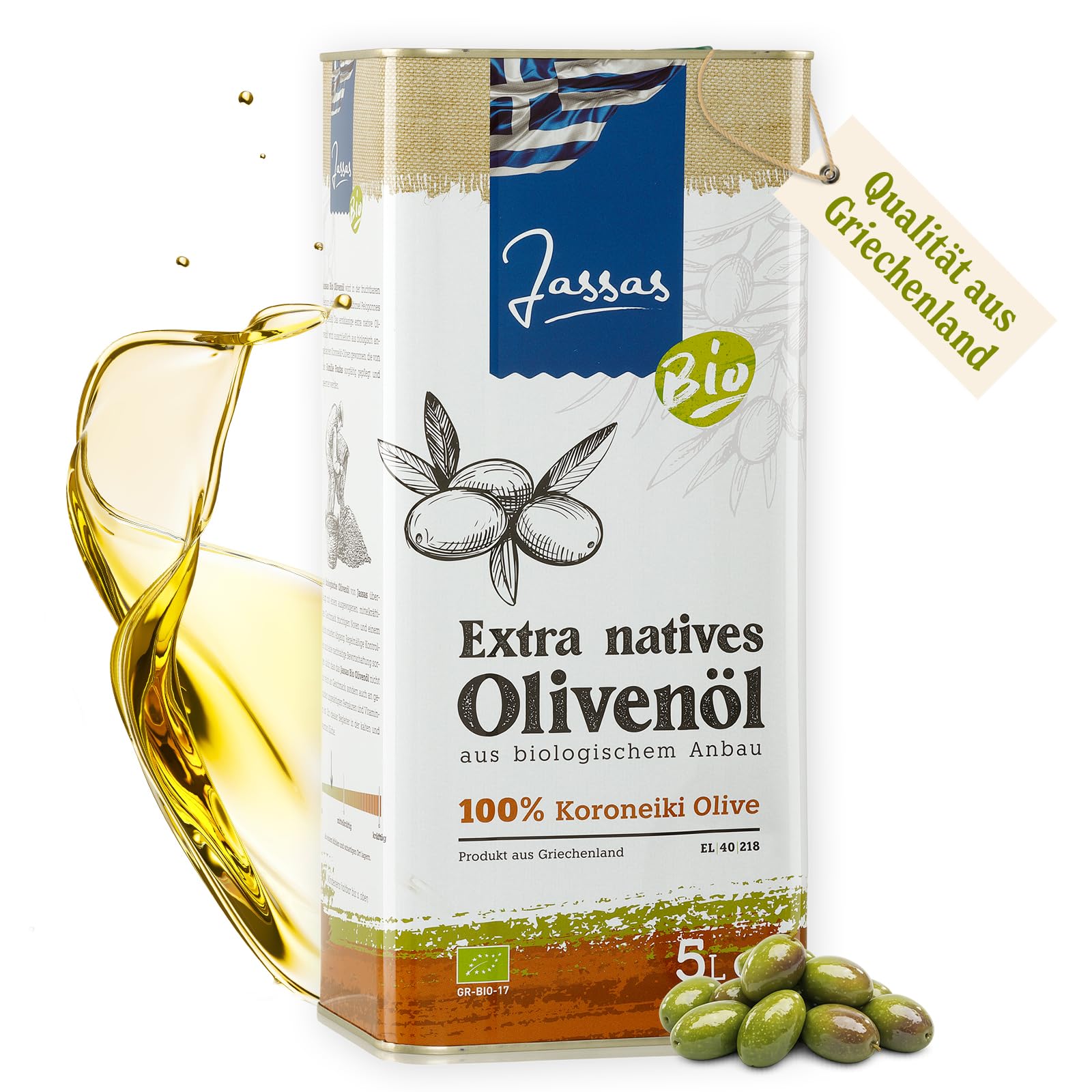 Jassas Bio Olivenöl 5L - 100% Bio Koroneiki Oliven - Neue Ernte 25/26 - extra nativ - fruchtig & aromatisch - GR-BIO-17 - Qualität aus Griechenland