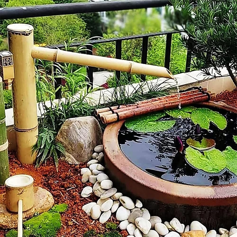 Fontana d'acqua in bambù, kit per laghetto da giardino giapponese, con pompa, pannello solare da 6 W, filtro dell'acqua, tubo dell'acqua da 2 m per patio, interni/esterni