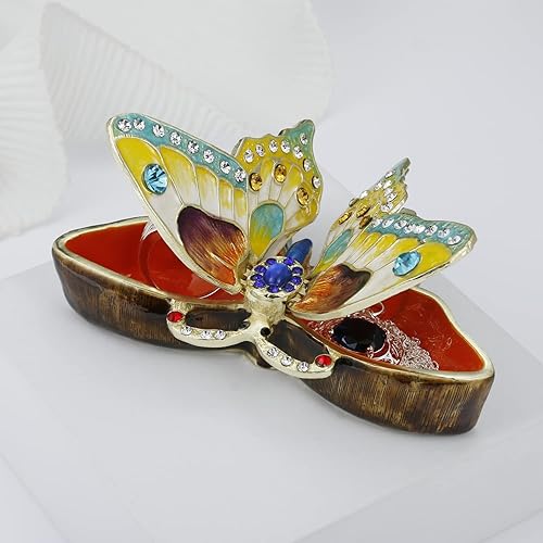 Miniatura 5 de Caja de joyería de mariposa esmaltada pintada a mano, organizador de joyas con bisagras, almacenamiento de aretes de mini anillo, decoración única