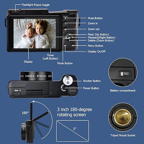 Miniatura 4 de Cámara digital de 27 K cámara compacta de 30 MP cámara portátil para niños niñas adultos principiantes con tarjeta SD de 32 GB y 2 baterías