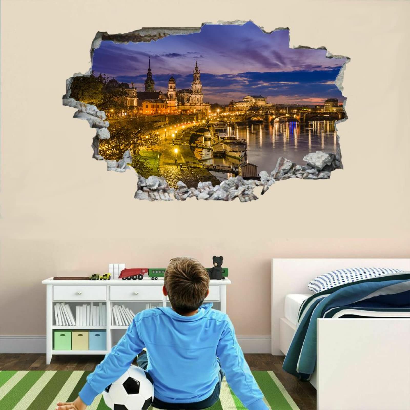 Himmel 3D Durchbruch Wandtattoo Mädchen Kinderzimmer Stadtnacht Wandaufkleber Dekorative Modern Wandsticker Vinyl Wandaufkleber für Junge Teenager Zimmer Wohnzimmer Schlafzimmer Wandbilder Deko