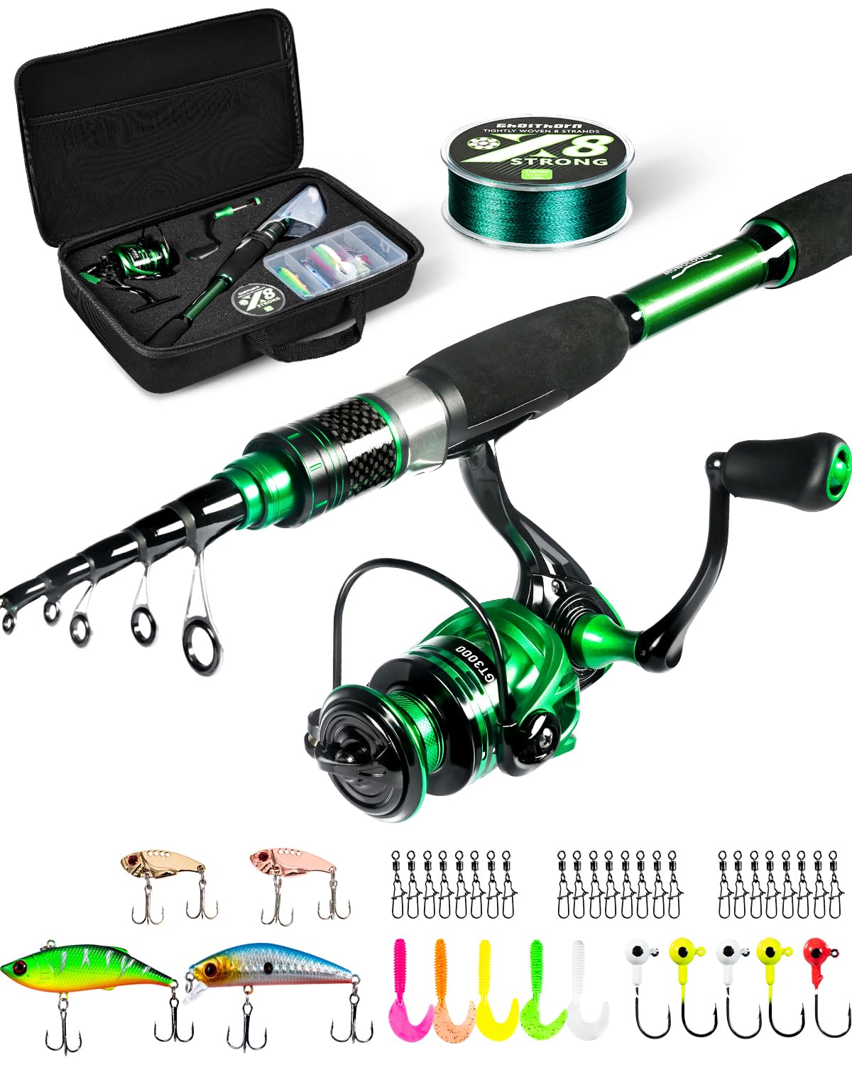 Ghosthorn 釣り竿とリールコンボ グラファイト伸縮式釣り竿 折りたたみ式 ポータブルトラベルキット キャリアバッグ付き 淡水釣りギフト 男女兼用