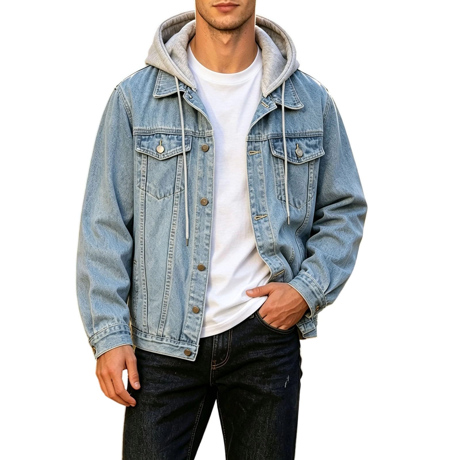 Giacca di jeans da uomo con cappuccio removibile, vestibilità comoda, capos