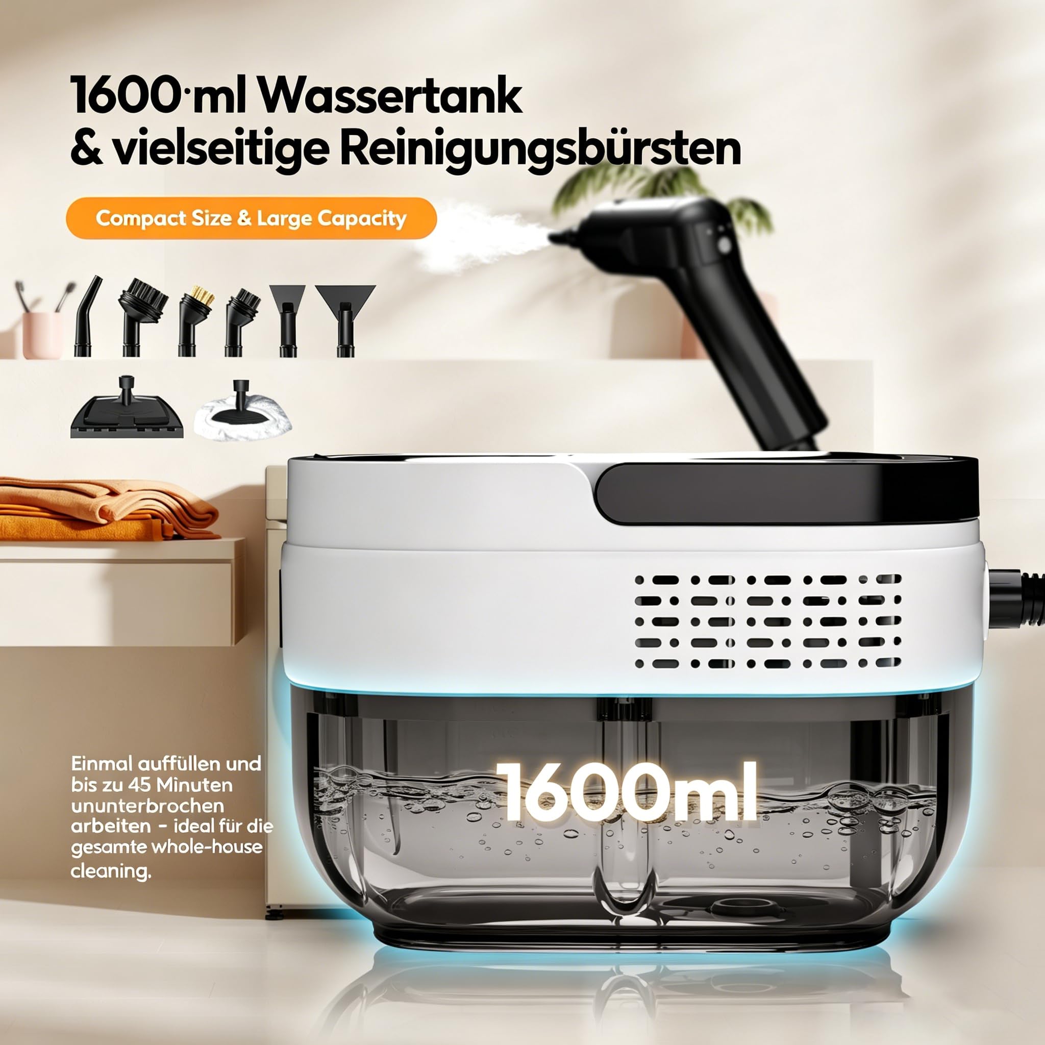 Dampfreiniger Handgerät, Tragbarer Hochdruck Dampfreiniger für Zuhause & Auto, 3-Stufiger Griff, 15 Sekunden Aufheizzeit, 1,6 L Wassertank, Steam Cleaner für Fenster, Küche, Bad, Polster, BBQ