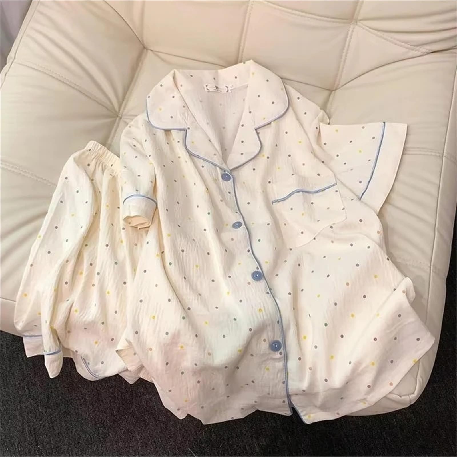 Conjunto de Pijama algodón con Estampado Lunares for Mujer, Conjunto 2 Piezas Top y Pantalones Cortos Manga Corta, for el hogar Informal cómodo para Descanso en casa