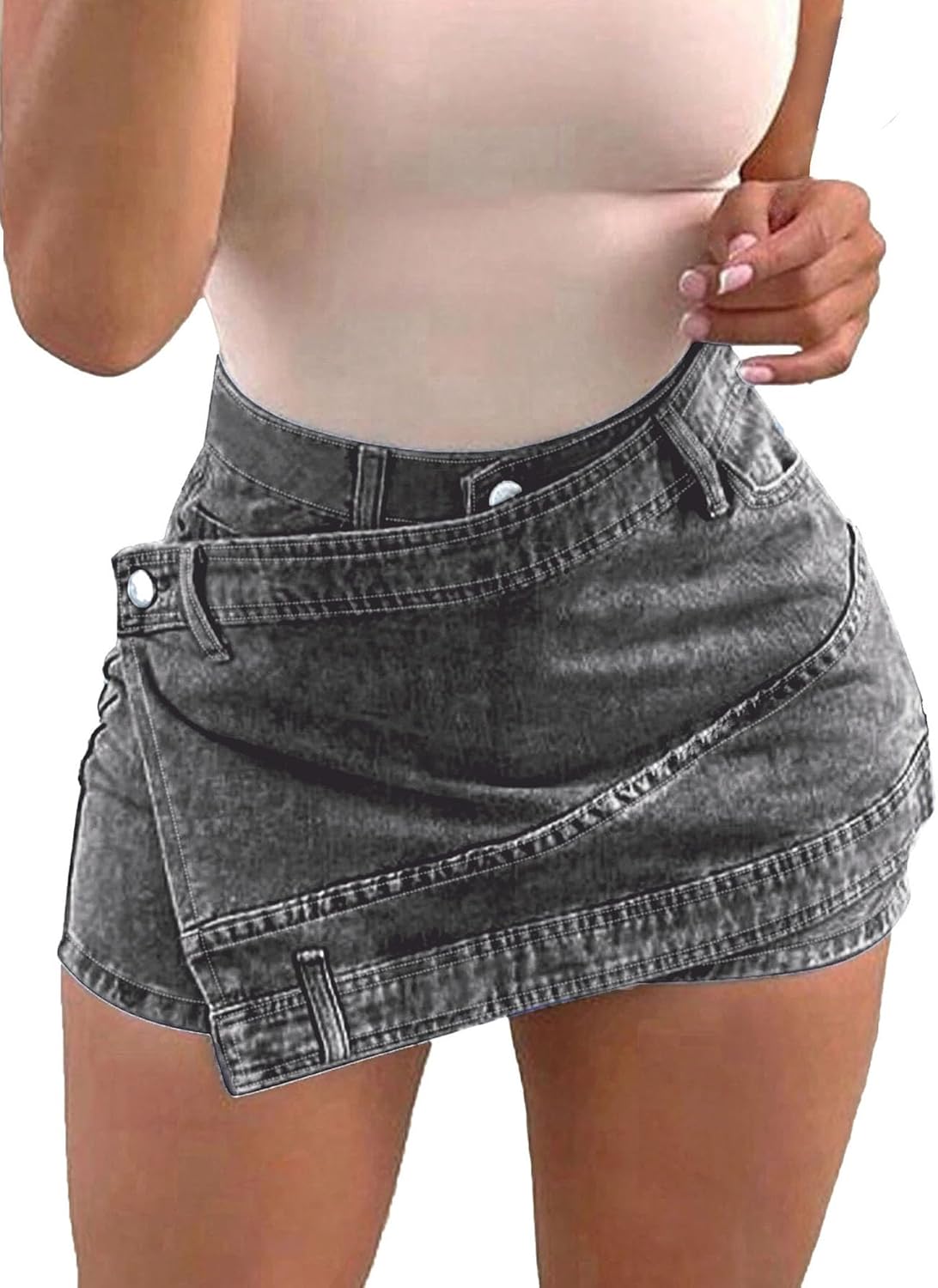 Remidoo Women's High Waisted Denim Mini Skirt Jean Short Casual Asymmetrical Wrap Skirts - Image 5