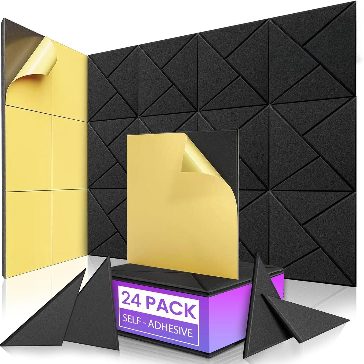 24-Pack Self-Adhesive Acoustic Panels – High-Density Soundproof Foam 12" x 12" x 0.4" for Studio, Office & Home – Sleek Black Design, Sound Panels High Density, Soundproof Wall Panels