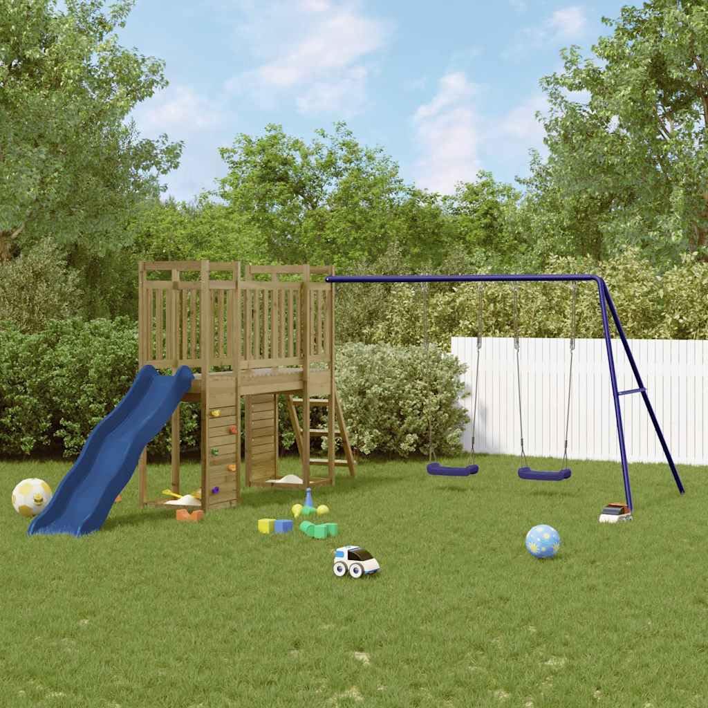 Spielturm imprägniertes Kiefernholz mit Rutsche Schaukel Doppeltrapez Ringseil Sandkasten Garten Spielhaus für Kinder im Außenbereich