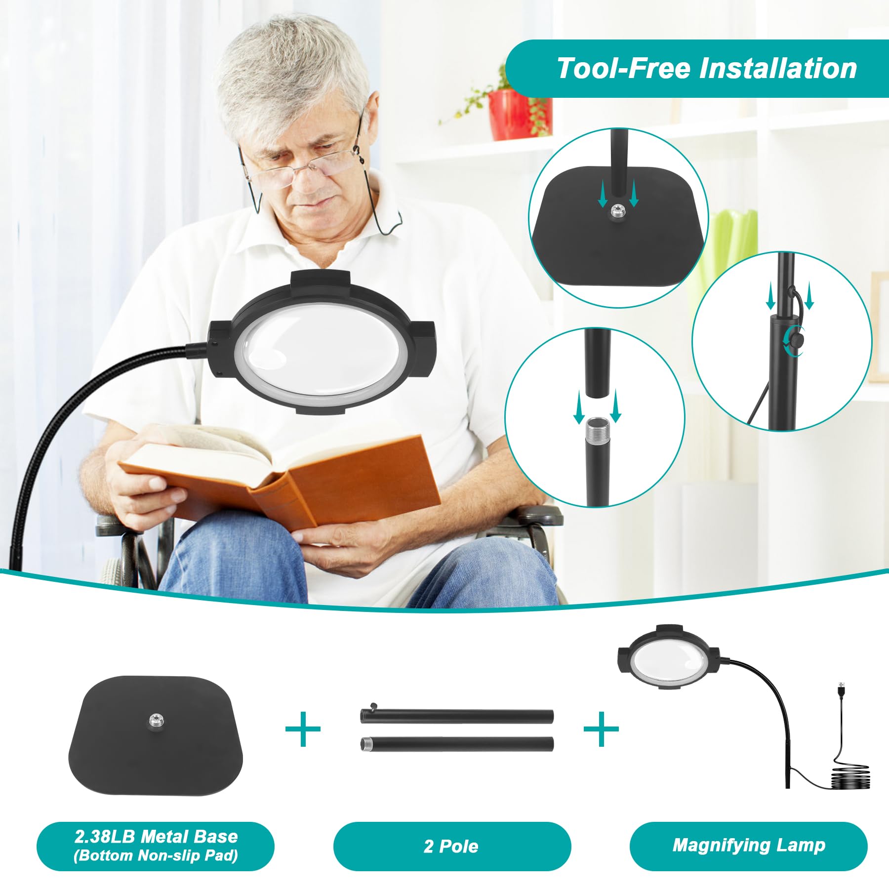 10 lupas 30X con iluminación y lámpara de pie, 54 LED regulable, 3 niveles, lupa de cuello de cisne 2 en 1 con iluminación para leer, coser, manualidades y trabajos de costura