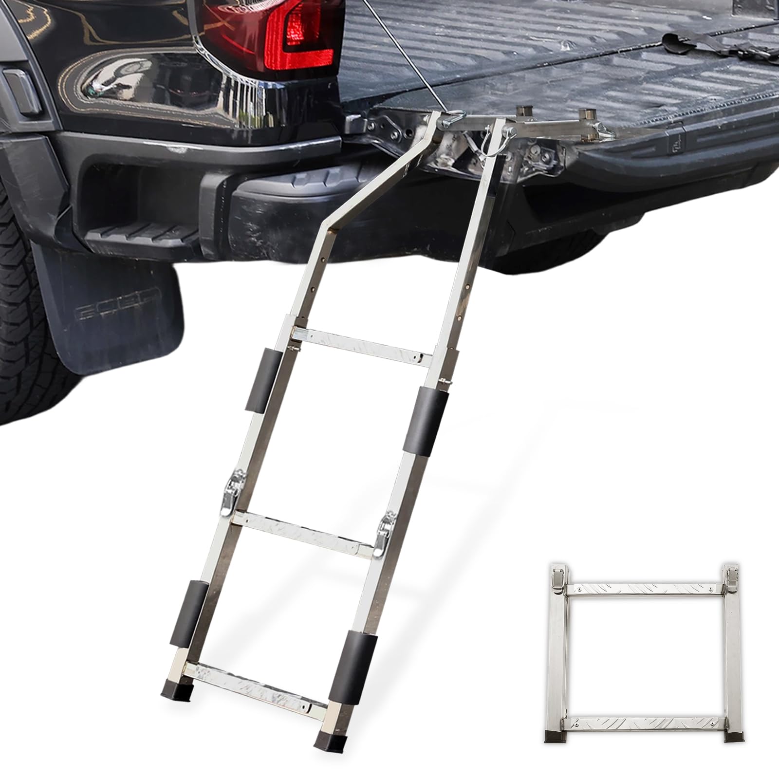 Foldable Tailgate Ladder for Pickup Truck, Universal 37"-45" Height Adjustable Tailgate Step with Non-Slip Pedal, Stainless Steel Truck Ladder for Ford Dodge Ram Hilux Chevy GMC, Capacity 350 lbs