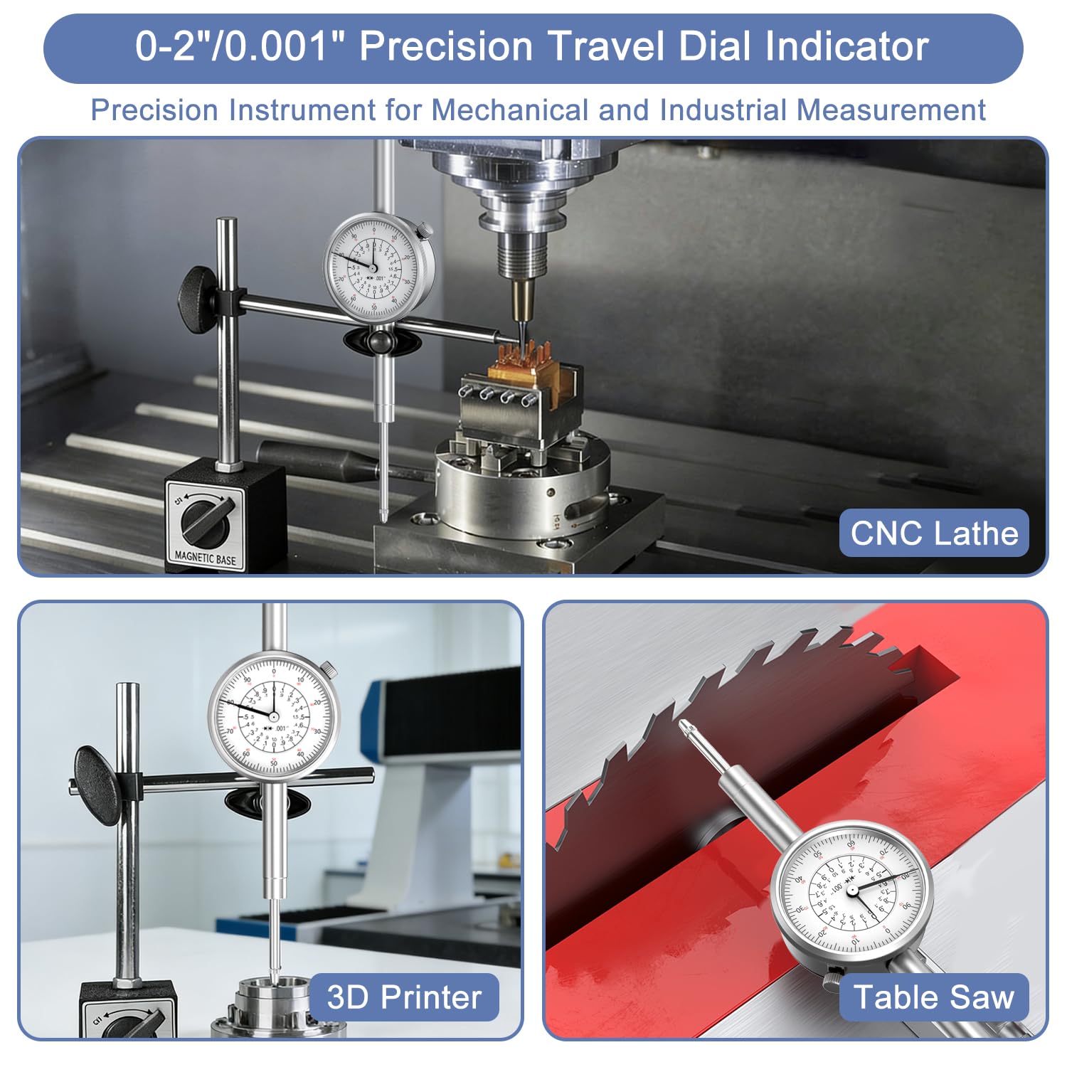 HDLNKAK 0-2" / 0.001" Precision Dial Indicator, with a 2" Measurement Range and 0.001" Graduation Interval, Ideal for Lathe Use, 3D Printing, Workshops, CNC Machine Tools, and Table Saws.