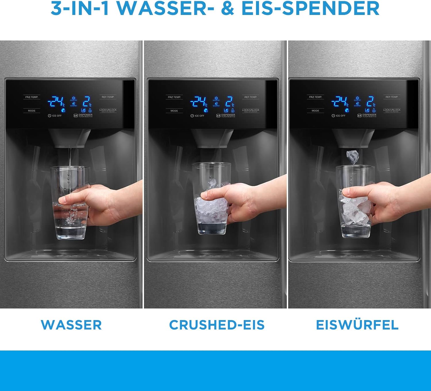 Midea refrigerator dispenser showing water, crushed ice, and ice cube options