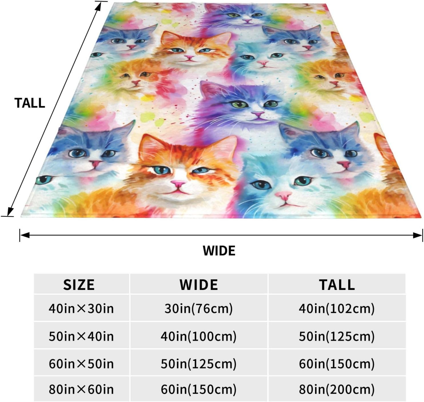 Watercolor Colorful Cat Blanket Sofa Cover Comfortable Print Blanket Quilt Suitable for Bed 80"x60"