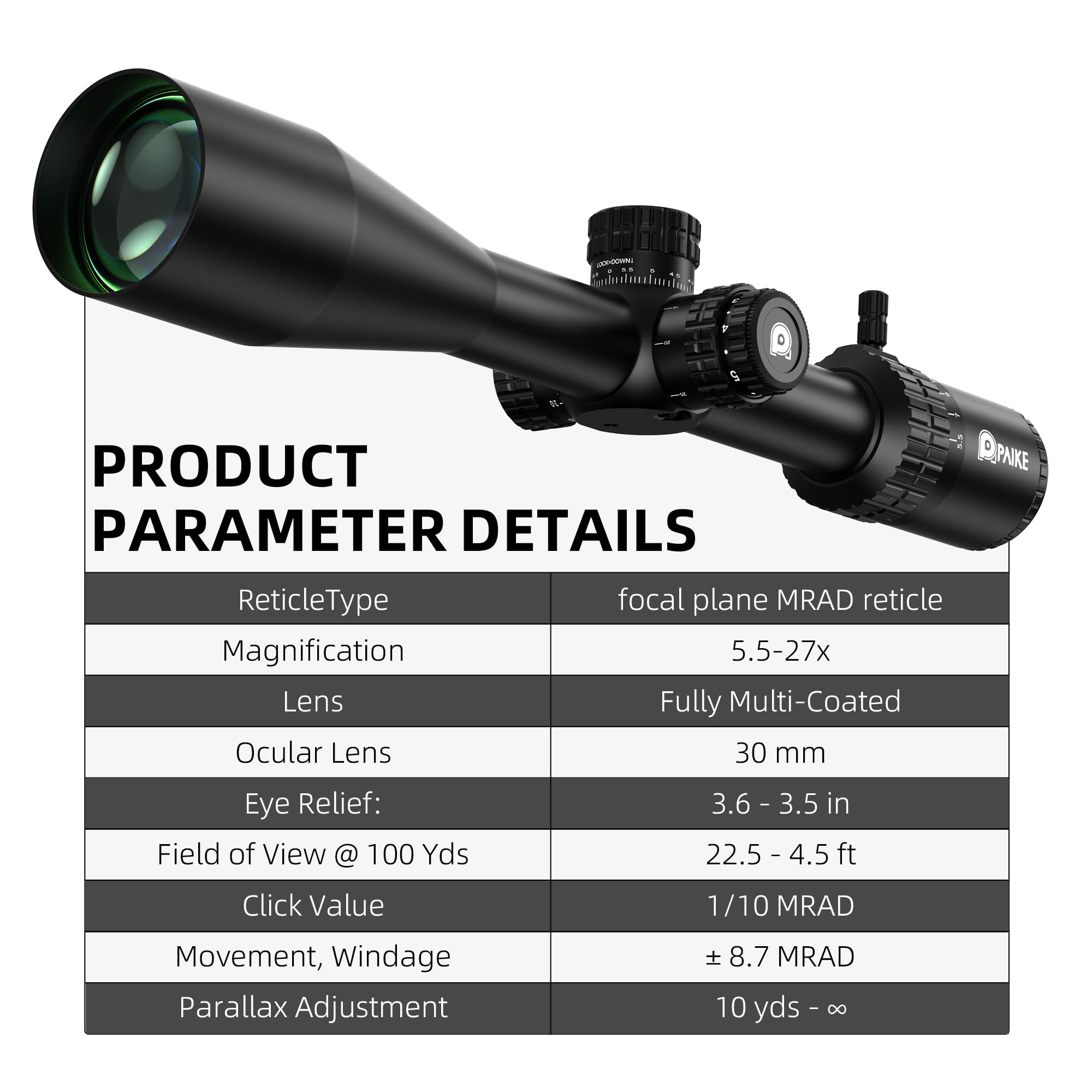 Paike Lunette de visée HD 5.5-27x50 SFIR à Premier Plan Focal, Optique illuminée Rouge