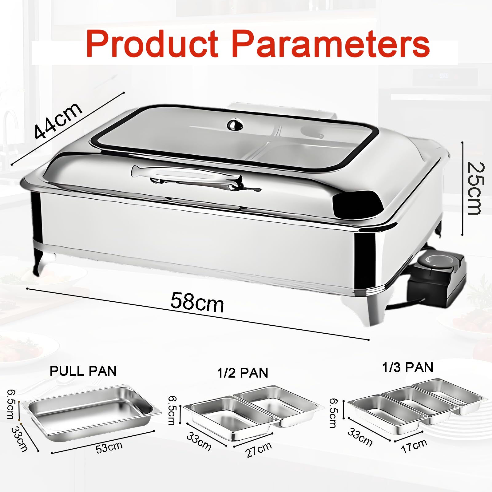 Chafing Dish Elettrico, 9L Professionale Scaldavivande Buffet Elettrico in Acciaio Inox, Contenitore Scalda Cibo per Buffet con Coperchio Trasparente, Temperatura Regolabile(1/3 Pan)