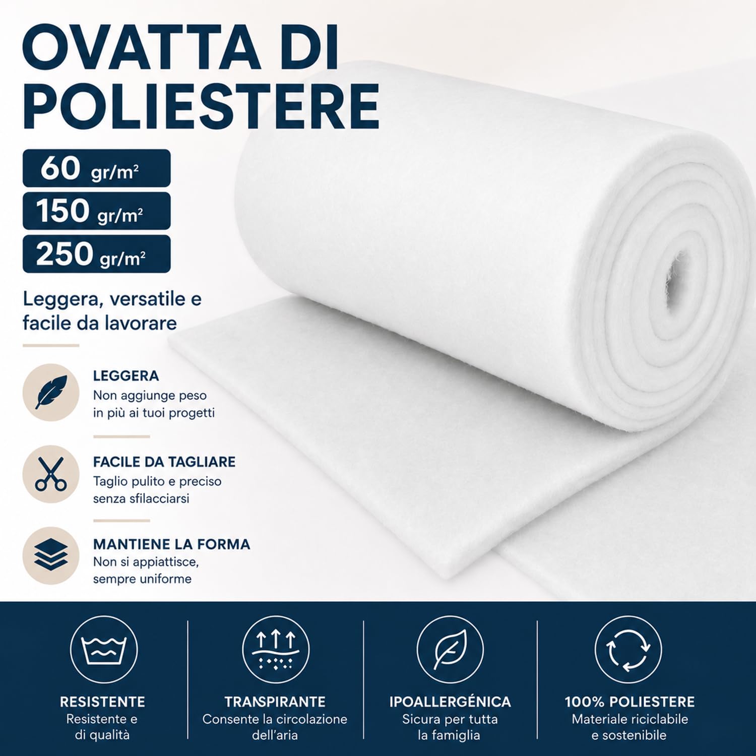 Ovatta Imbottitura in Poliestere 150 g/m² 160 cm di Larghezza, Vendita al Metro, Morbida e Leggera, Tappezzeria, Cuscini, Trapunte, Cucito e Hobby Creativi (Bianco 150 g/m², 100 cm x 160 cm)